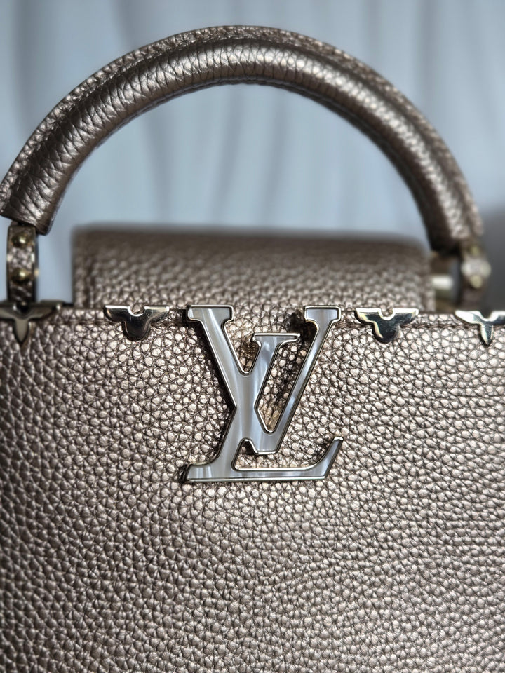 LOUIS VUITTON LV Metallic Taurillon Embellished Flower Crown Mini Capucines in Gold