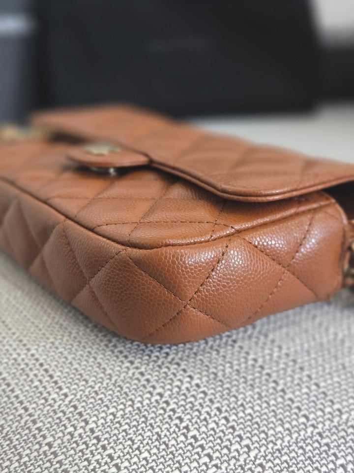 Chanel 2023 Caramel Brown Caviar Champagne GHW New Style Wallet on chain (WOC)