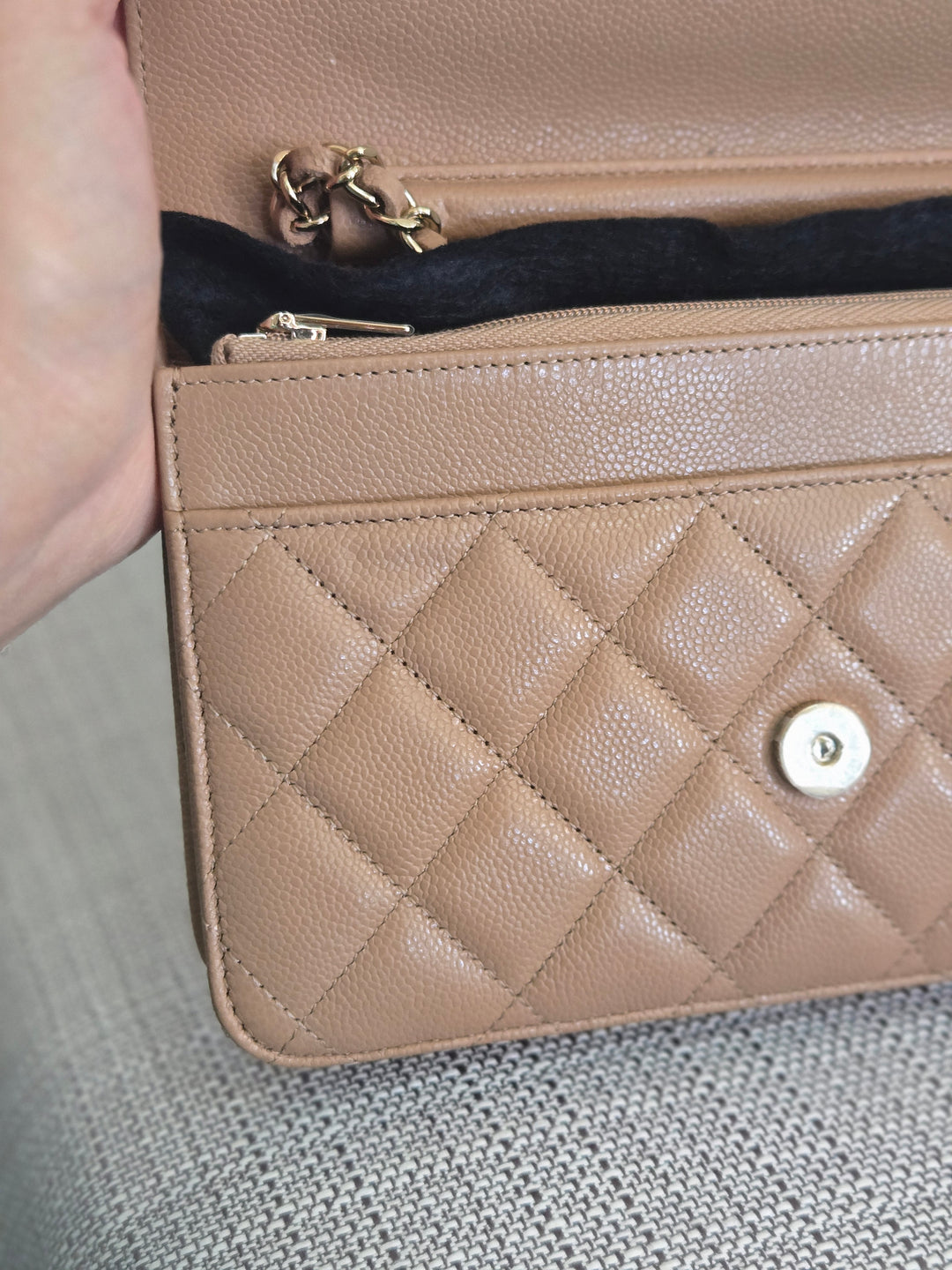 Chanel Dark Beige Caviar Champagne GHW Classic Wallet on Chain (WOC) 2023