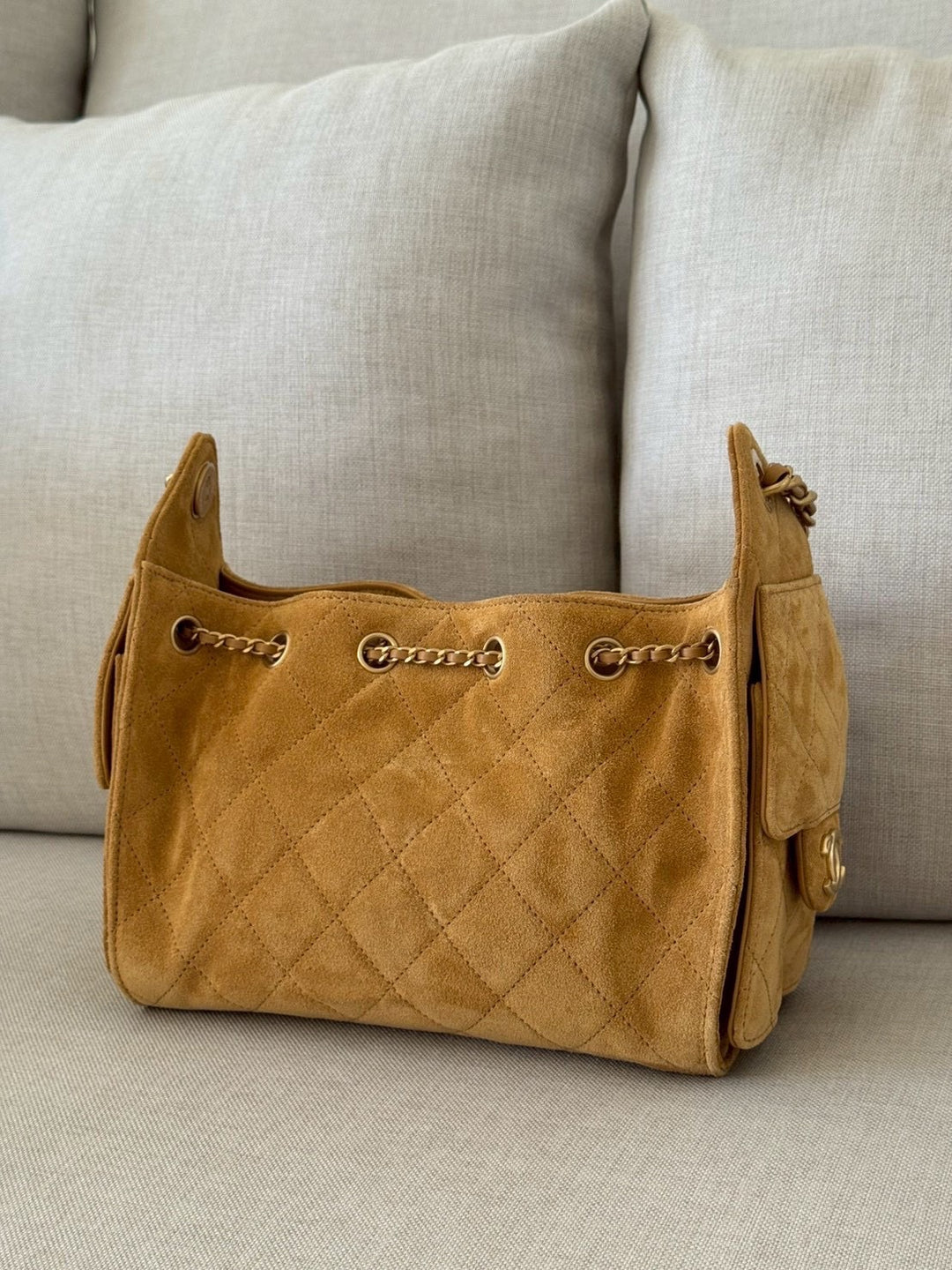 CHANEL 26C Camel Suede Aged GHW Mini 25 Hobo Bag