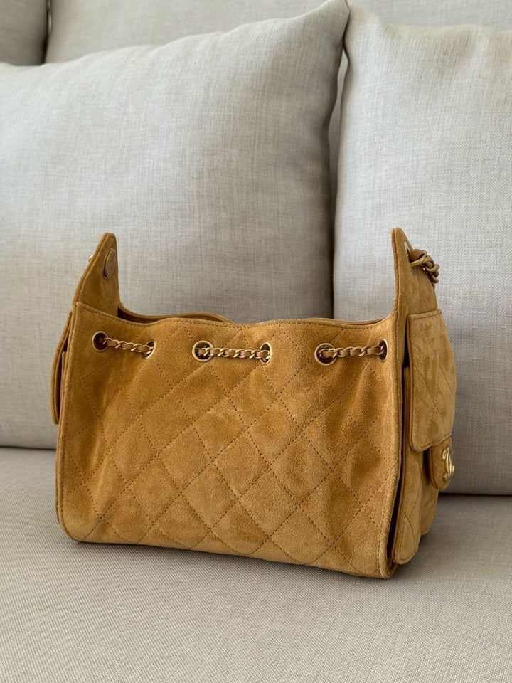 CHANEL 26C Camel Suede Aged GHW Mini 25 Hobo Bag