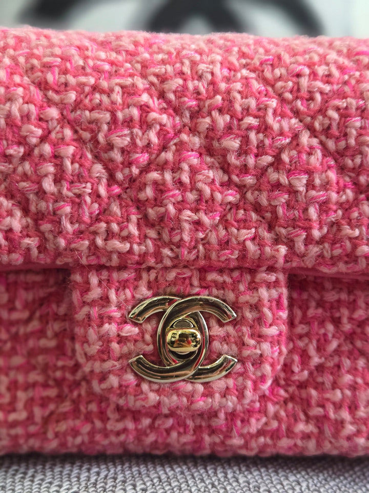 Chanel 22B 2022 Fall/Winter Fuchsia/Light Pink/Dark Pink Tweed Mini Rectangular Flap Bag with Champagne GHW