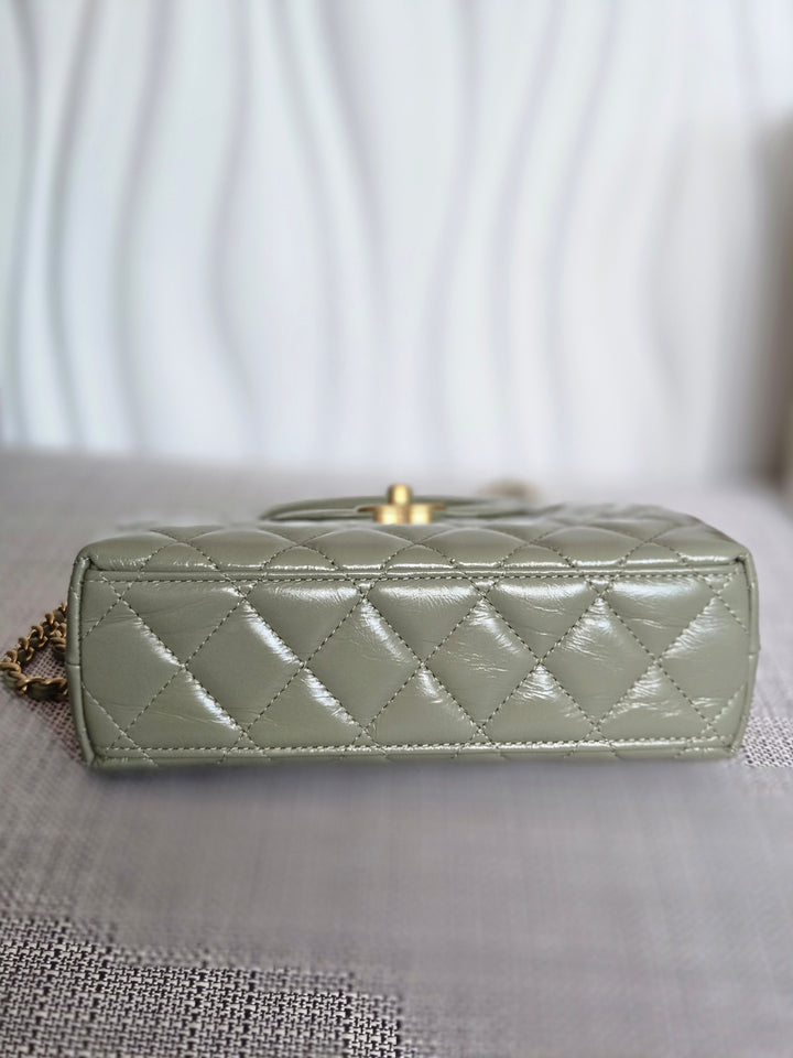 CHANEL Sage Khaki Green Glazed Calfskin Aged GHW Nano Kelly Shopping Bag size Small (19cms)