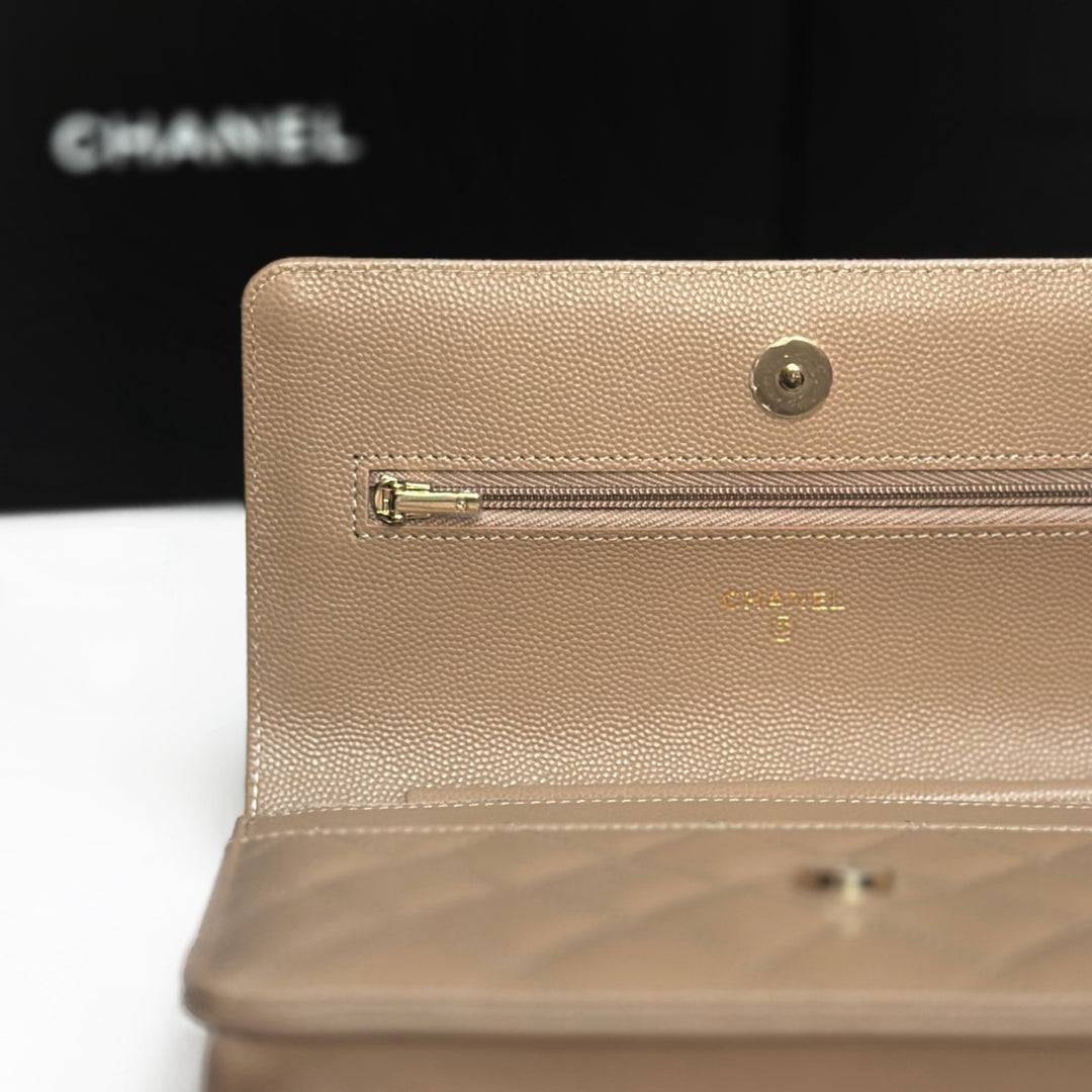 CHANEL 22A collection 2022 Dark Beige Caviar LGHW Classic Wallet On Chain (WOC)