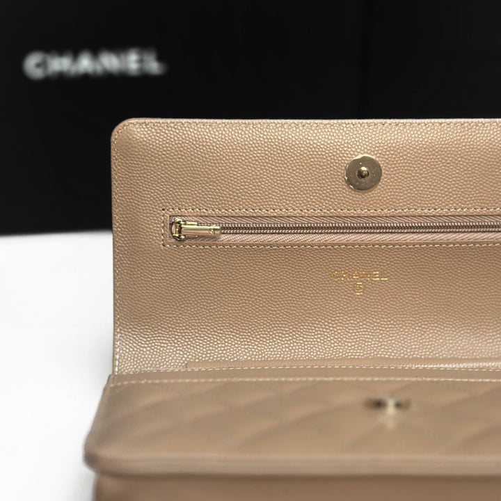 CHANEL 22A collection 2022 Dark Beige Caviar LGHW Classic Wallet On Chain (WOC)