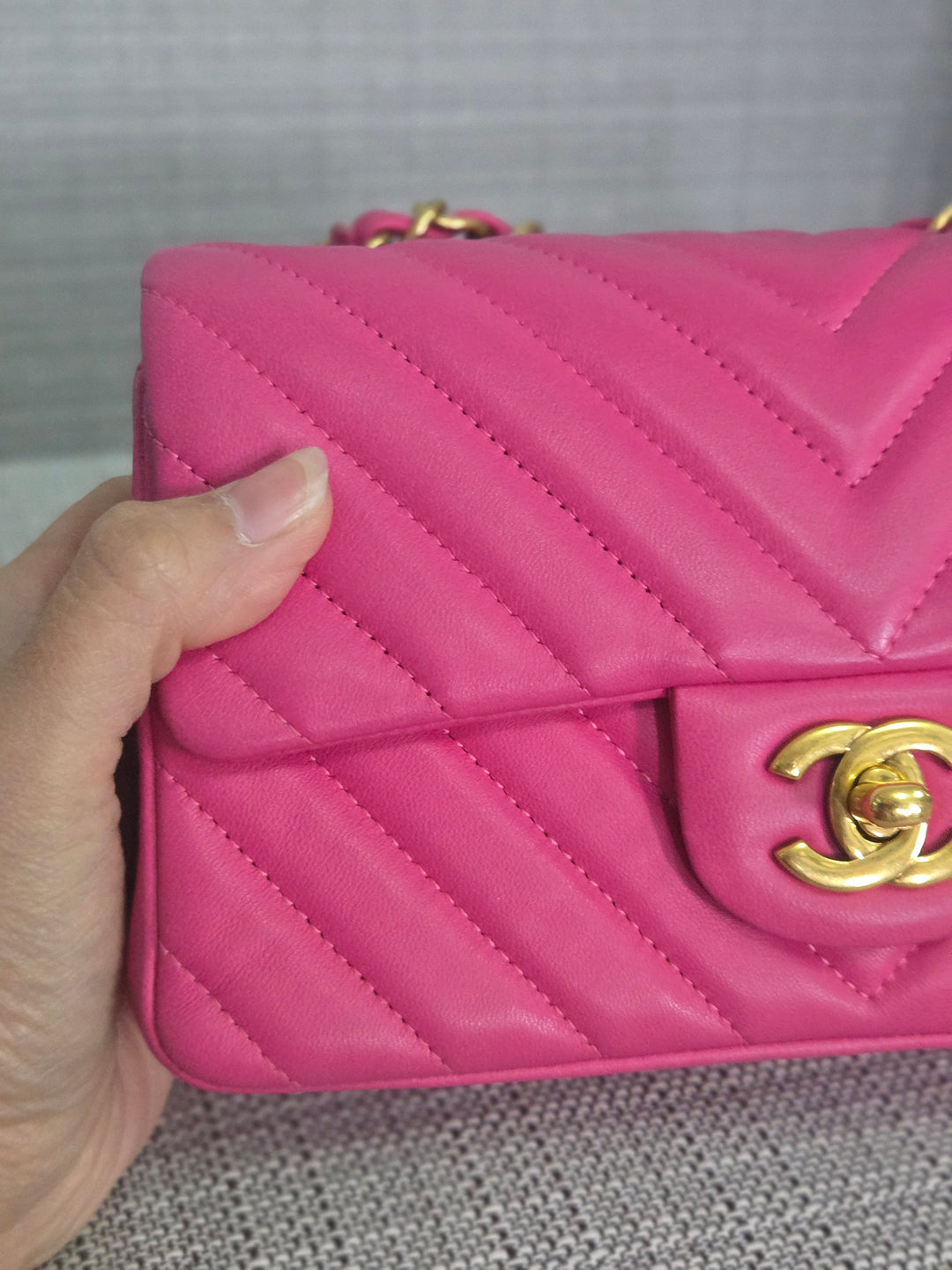 Chanel series 21 Barbie Pink Lambskin Chevron Mini Rectangular Flap Bag with Yellow GHW