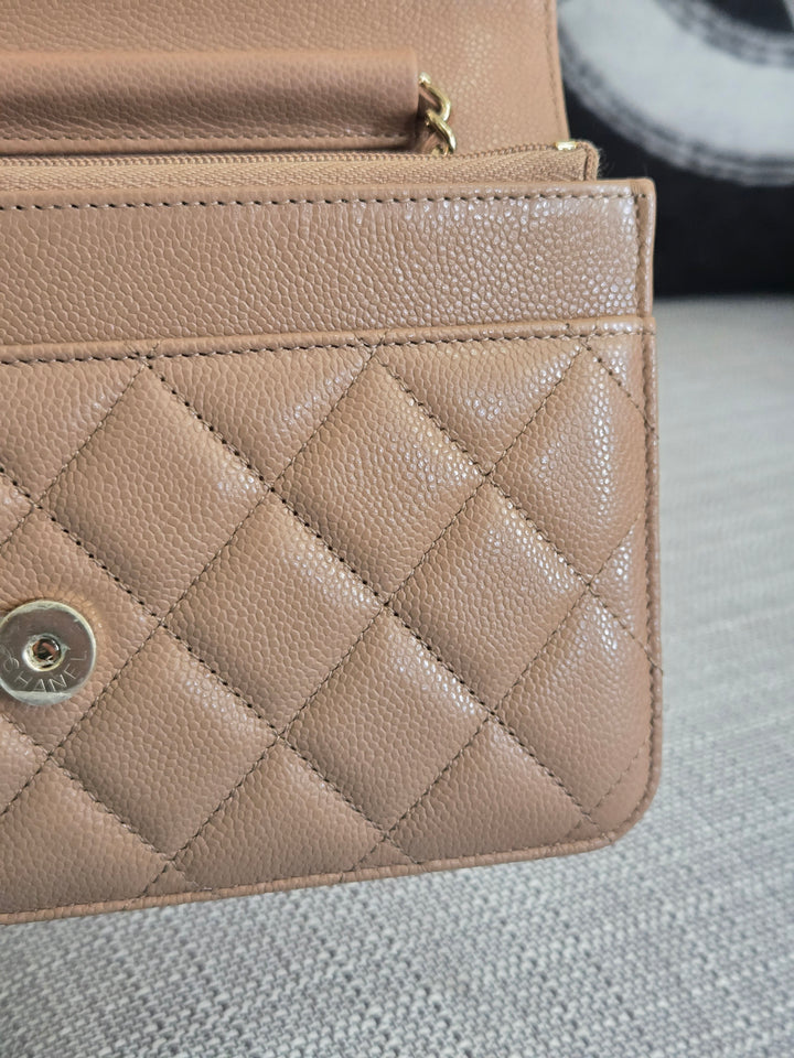 Chanel Dark Beige Caviar Champagne GHW Classic Wallet on Chain (WOC) 2023