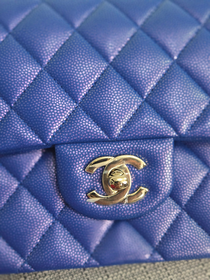 Chanel series 31 Iridescent Cobalt Blue Caviar Medium ML Timeless Classic Double Flap Bag with Champagne GHW