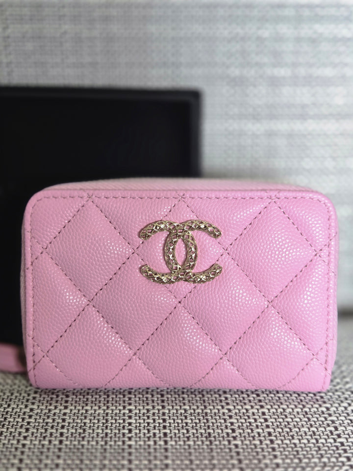 Chanel 23P collection 2023 Mauve undertone Pink Caviar Big Logo LGHW Zippy Coin Purse 2023 with mint green lining