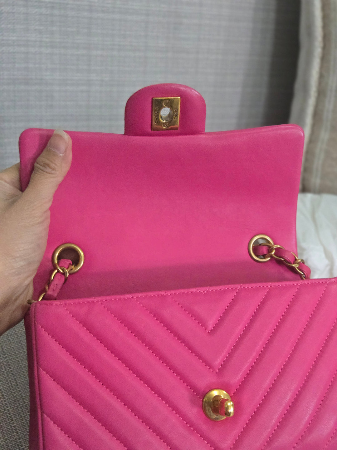 Chanel series 21 Barbie Pink Lambskin Chevron Mini Rectangular Flap Bag with Yellow GHW
