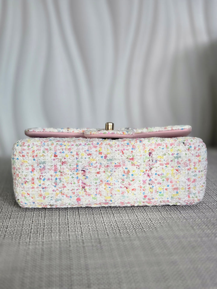 Chanel 25C 2025 Cruise Collection Multi-colored Tweed Champagne GHW Mini rectangular flap bag
