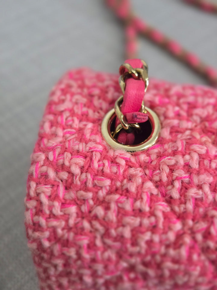 Chanel 22B 2022 Fall/Winter Fuchsia/Light Pink/Dark Pink Tweed Mini Rectangular Flap Bag with Champagne GHW