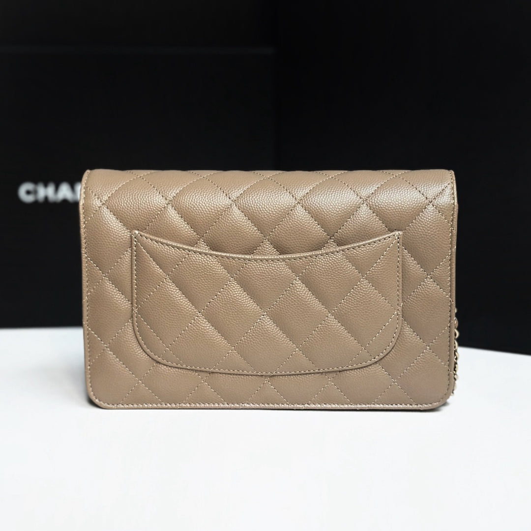 CHANEL 22A collection 2022 Dark Beige Caviar LGHW Classic Wallet On Chain (WOC)