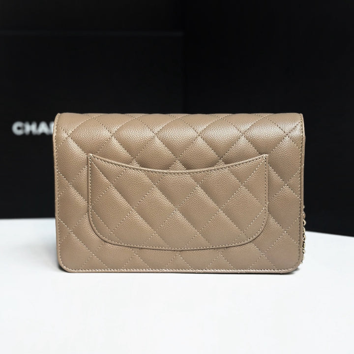 CHANEL 22A collection 2022 Dark Beige Caviar LGHW Classic Wallet On Chain (WOC)