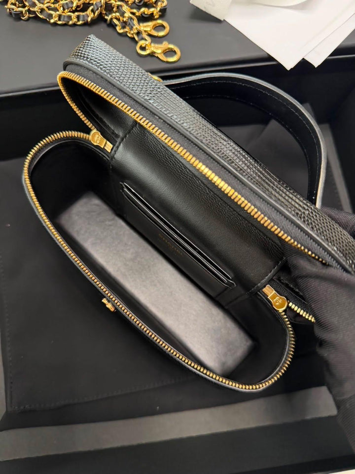 CHANEL 26A Lizard Embossed Black Calf Skin LGHW LP Long Vanity Small 19 cms 2026