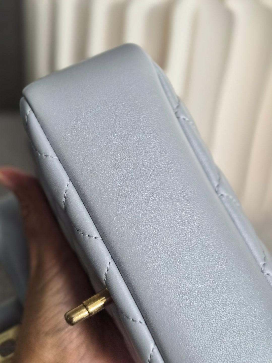 CHANEL Pearl Twist Pearly Silver Light Blue Lambskin Mini Flap Bag