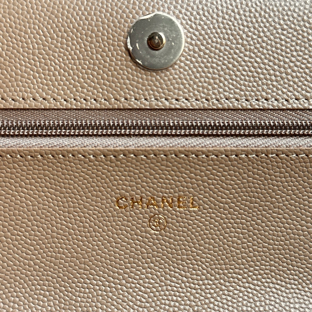 CHANEL 22A collection 2022 Dark Beige Caviar LGHW Classic Wallet On Chain (WOC)