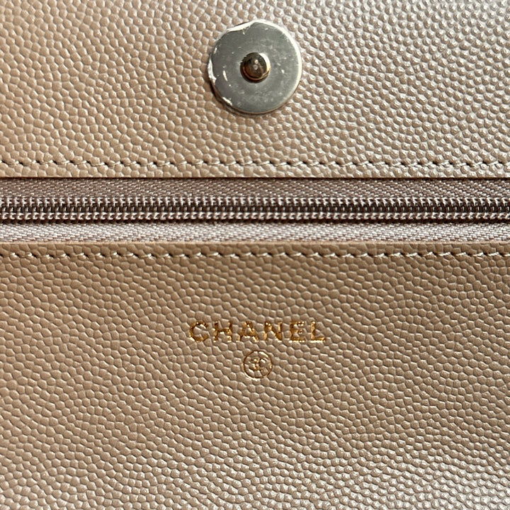 CHANEL 22A collection 2022 Dark Beige Caviar LGHW Classic Wallet On Chain (WOC)