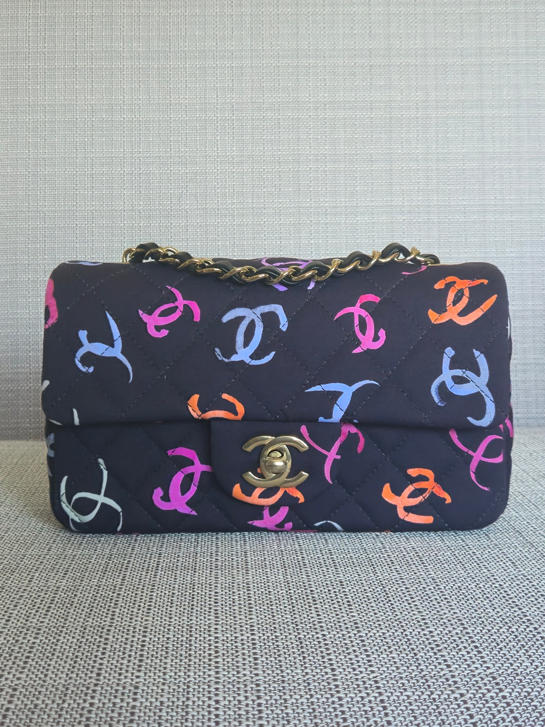 Chanel 24S collection Navy Multi color Jersey Mini Rectangular Flap Bag with Champagne GHW