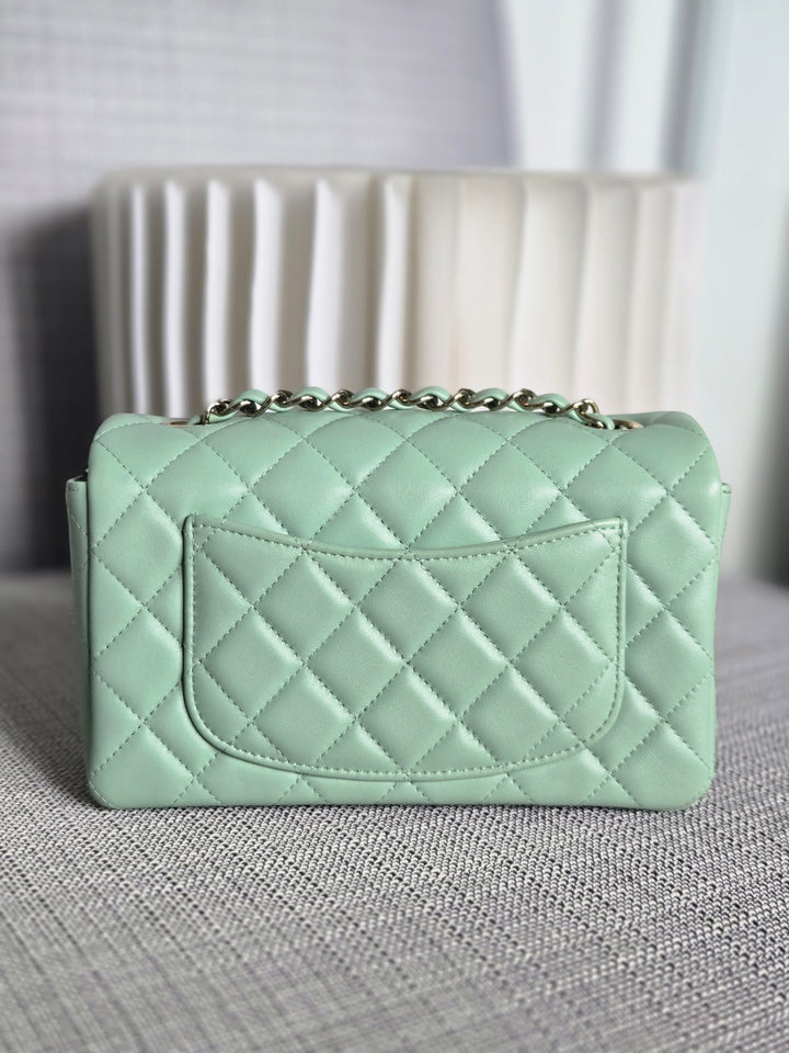 Chanel 24S collection 2024 Pastel Green Lambskin Champagne GHW Classic Mini Rectangular Flap Bag