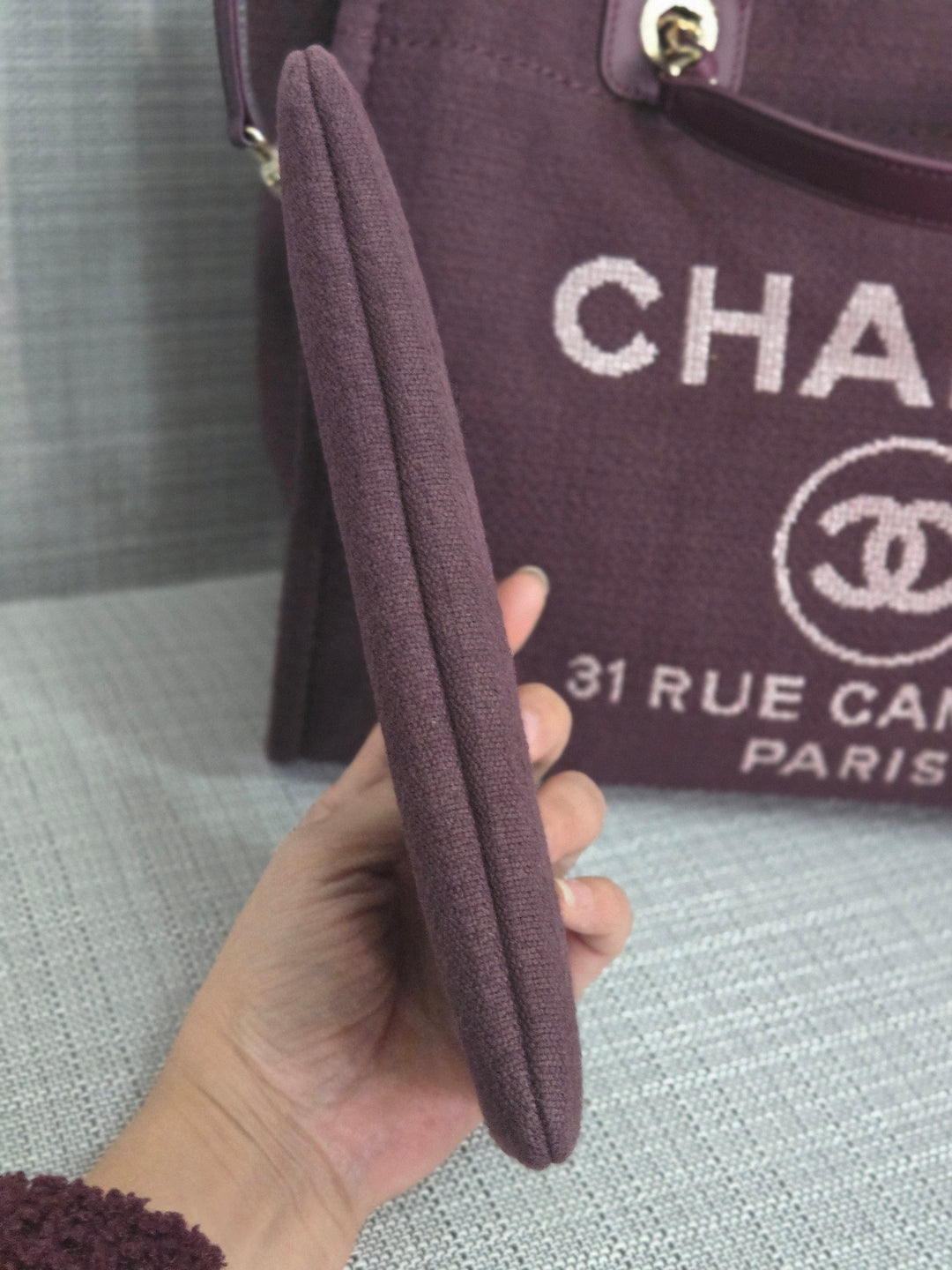 Chanel 24B 2024 Fall/Winter Collection Burgundy Tweed Deauville Tote with Leather top handle size small and Detachable pouch