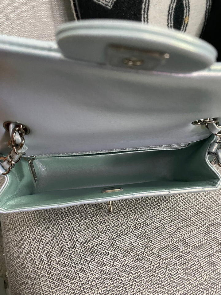 Chanel 21K collection 2021 Iridescent Light Blue Calf skin SHW Mini Rectangular Flap Bag