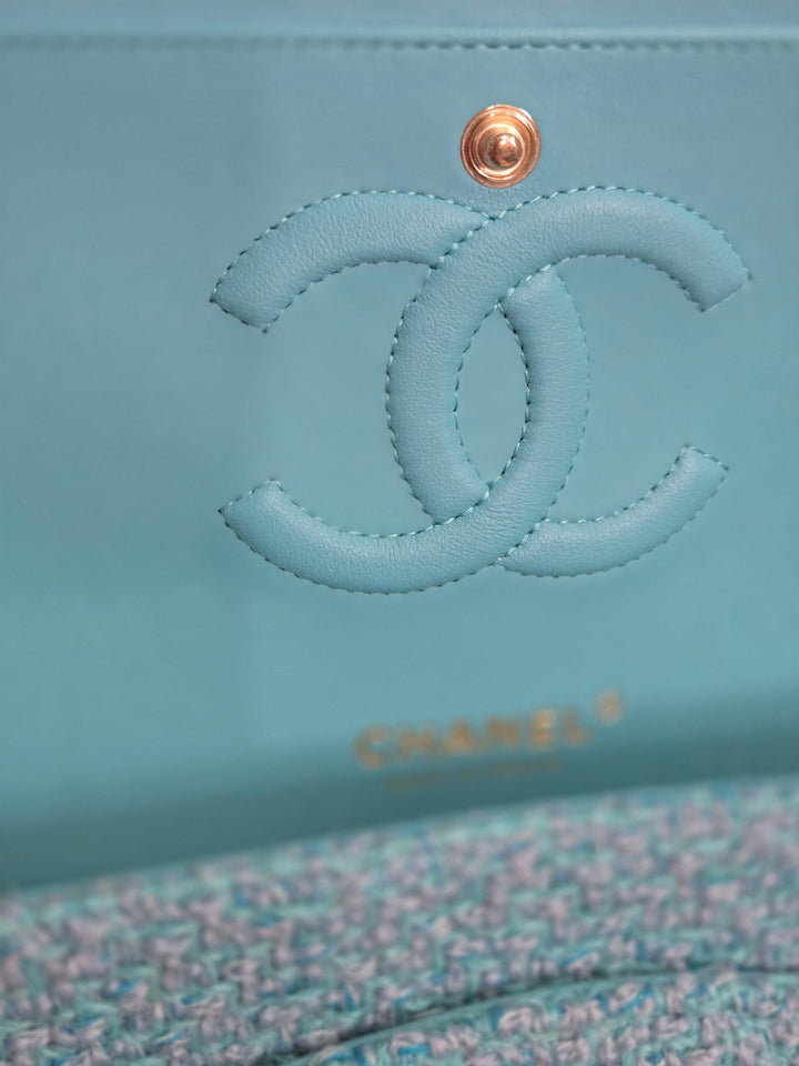 Chanel 22B 2022 Fall/Winter Collection Turquoise Blue Tweed Medium ML Timeless Classic Double Flap Bag with Champagne GHW