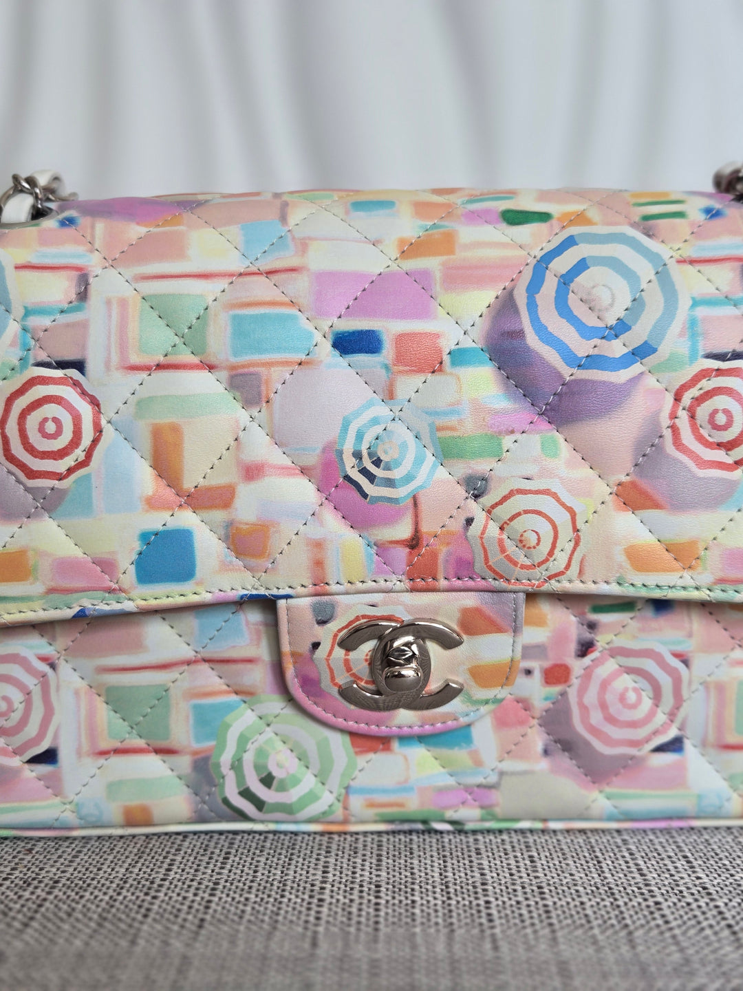 CHANEL Multi Color Rainbow Umbrella print calf skin SHW Medium Classic Double Flap Bag