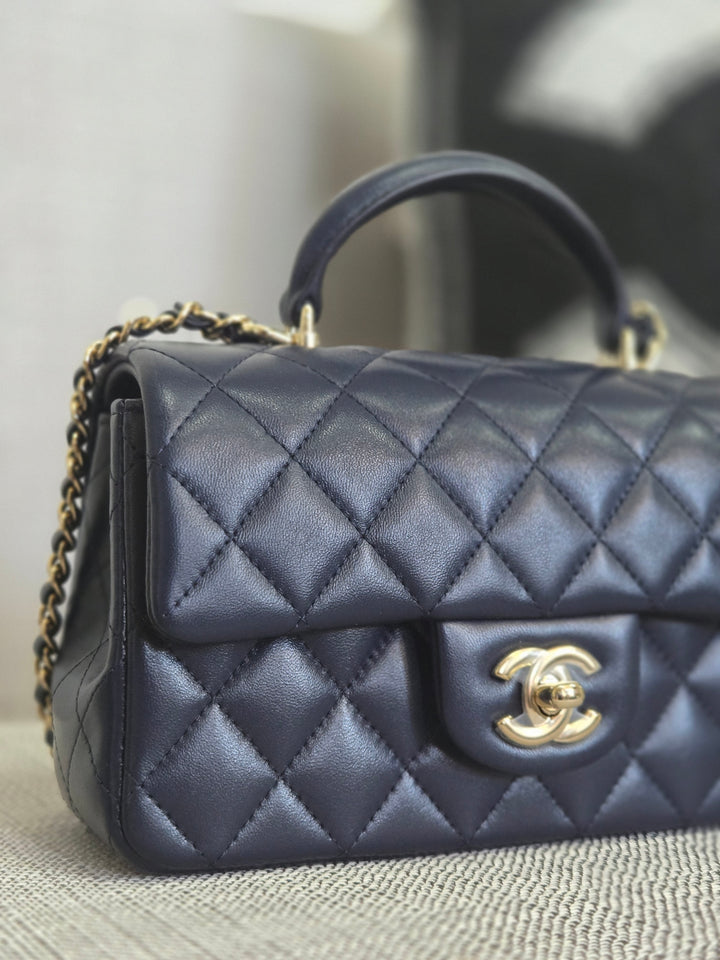 Chanel Navy Lambskin Mini Rectangular Flap Bag with Champagne GHW and Top Handle