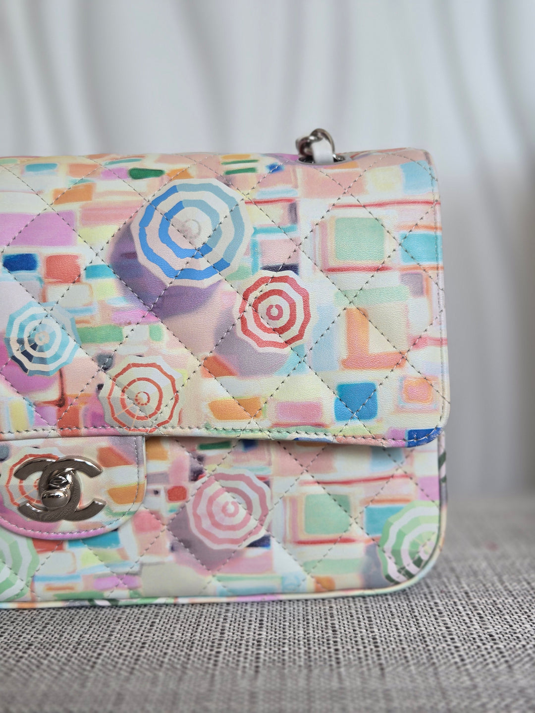 CHANEL Multi Color Rainbow Umbrella print calf skin SHW Medium Classic Double Flap Bag