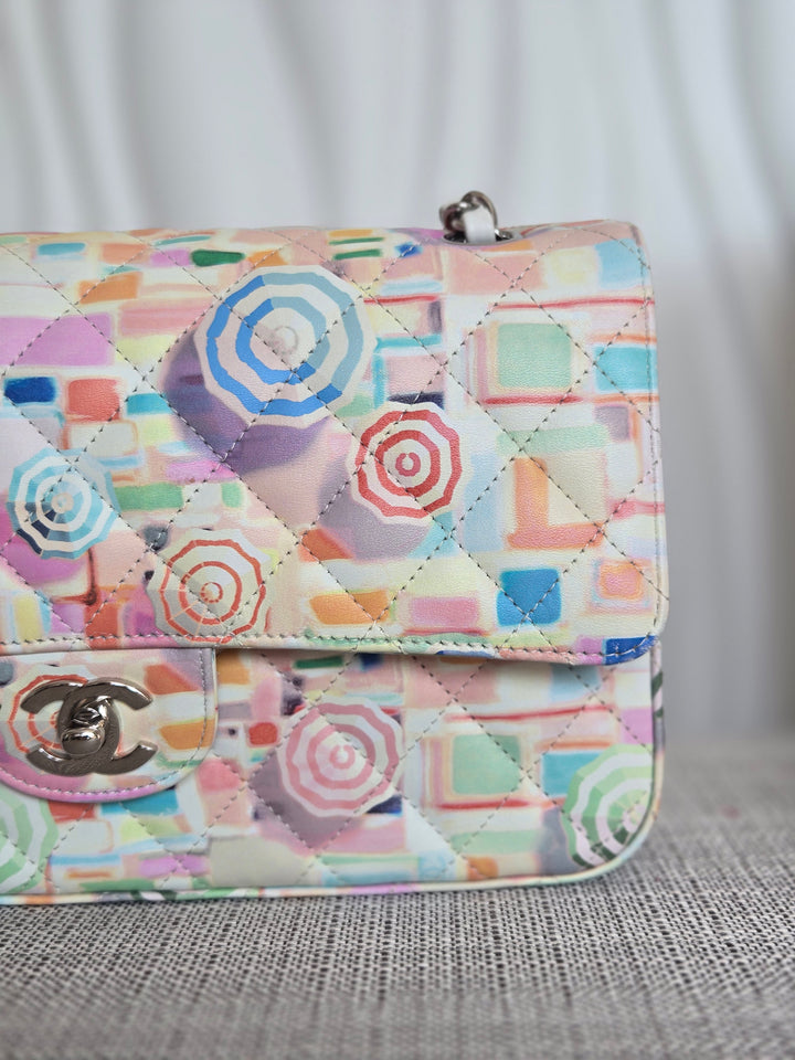 CHANEL Multi Color Rainbow Umbrella print calf skin SHW Medium Classic Double Flap Bag