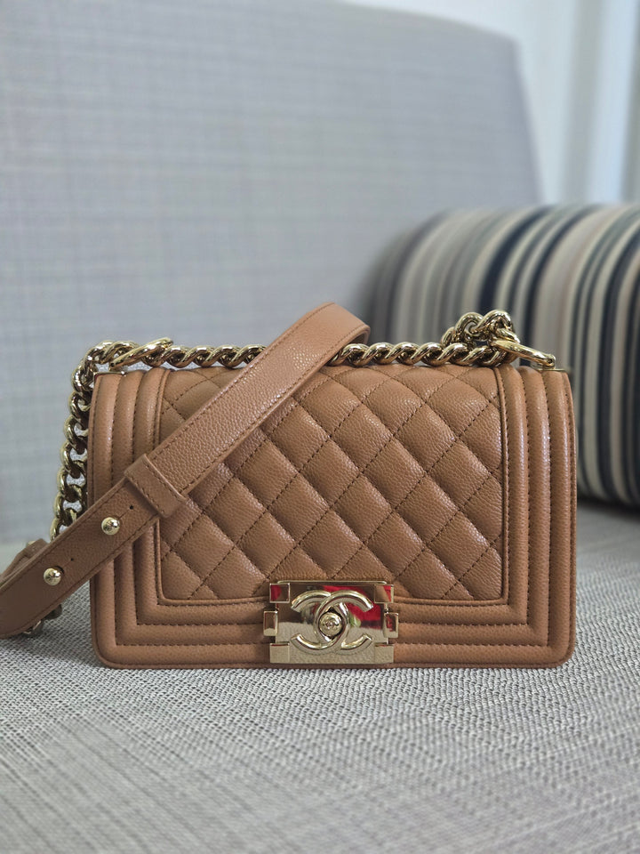 Chanel 21K 2021 Fall/Winter Collection Caramel Brown Caviar shiny champagne GHW Small Le Boy Flap Bag