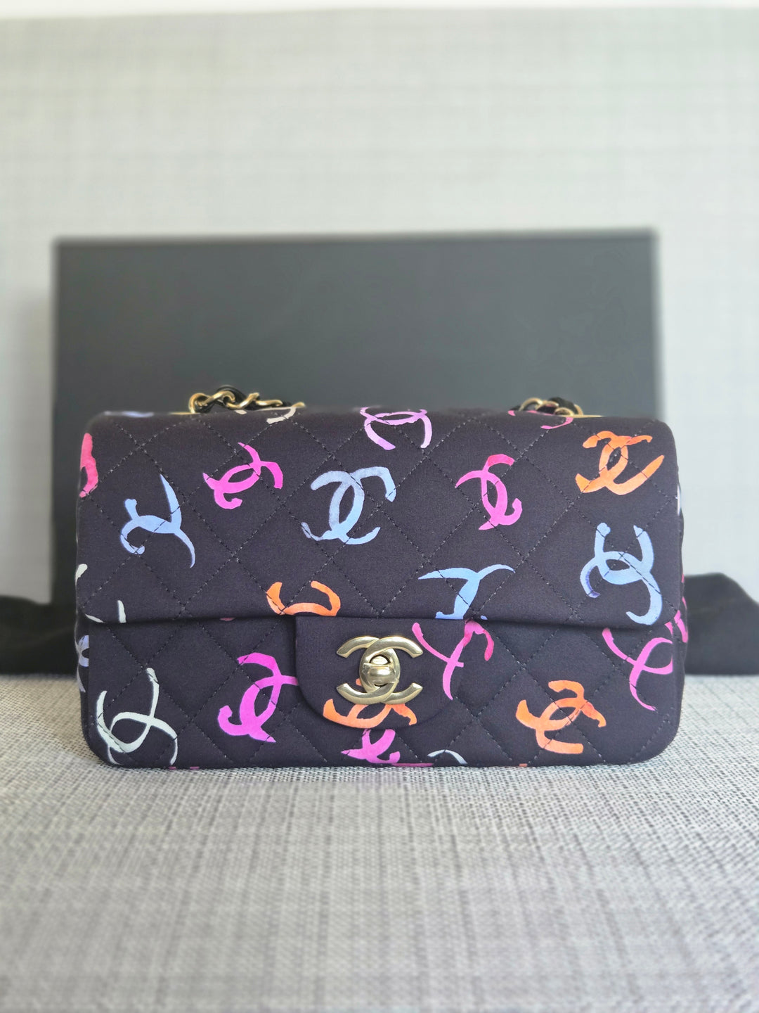 Chanel 24S collection Navy Multi color Jersey Mini Rectangular Flap Bag with Champagne GHW