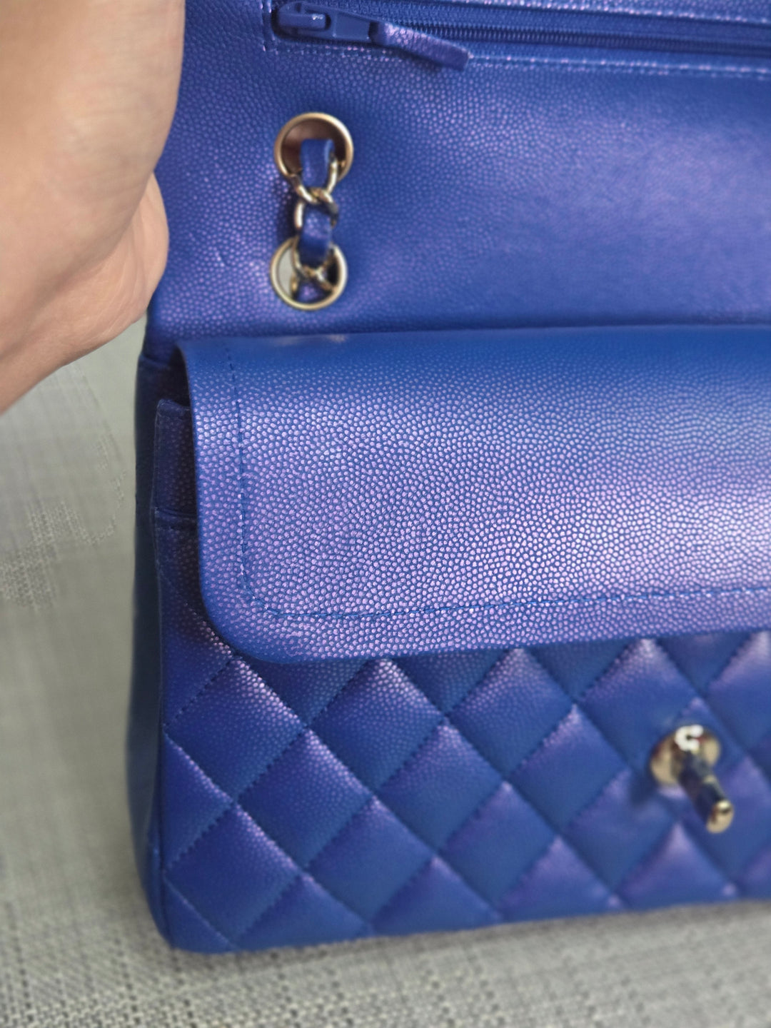 Chanel series 31 Iridescent Cobalt Blue Caviar Medium ML Timeless Classic Double Flap Bag with Champagne GHW