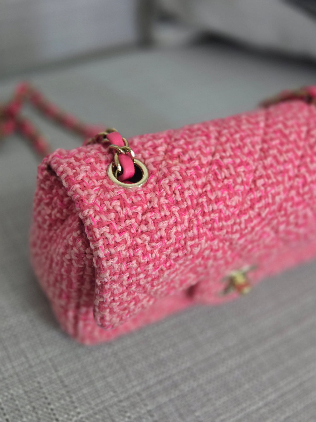 Chanel 22B 2022 Fall/Winter Fuchsia/Light Pink/Dark Pink Tweed Mini Rectangular Flap Bag with Champagne GHW