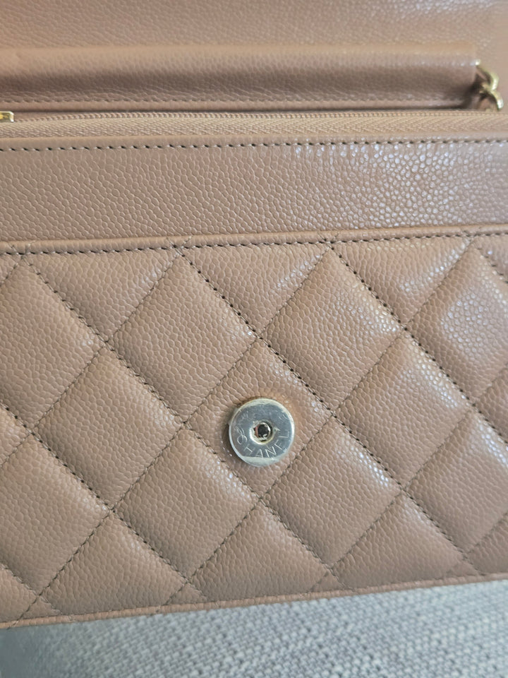 Chanel Dark Beige Caviar Champagne GHW Classic Wallet on Chain (WOC) 2023