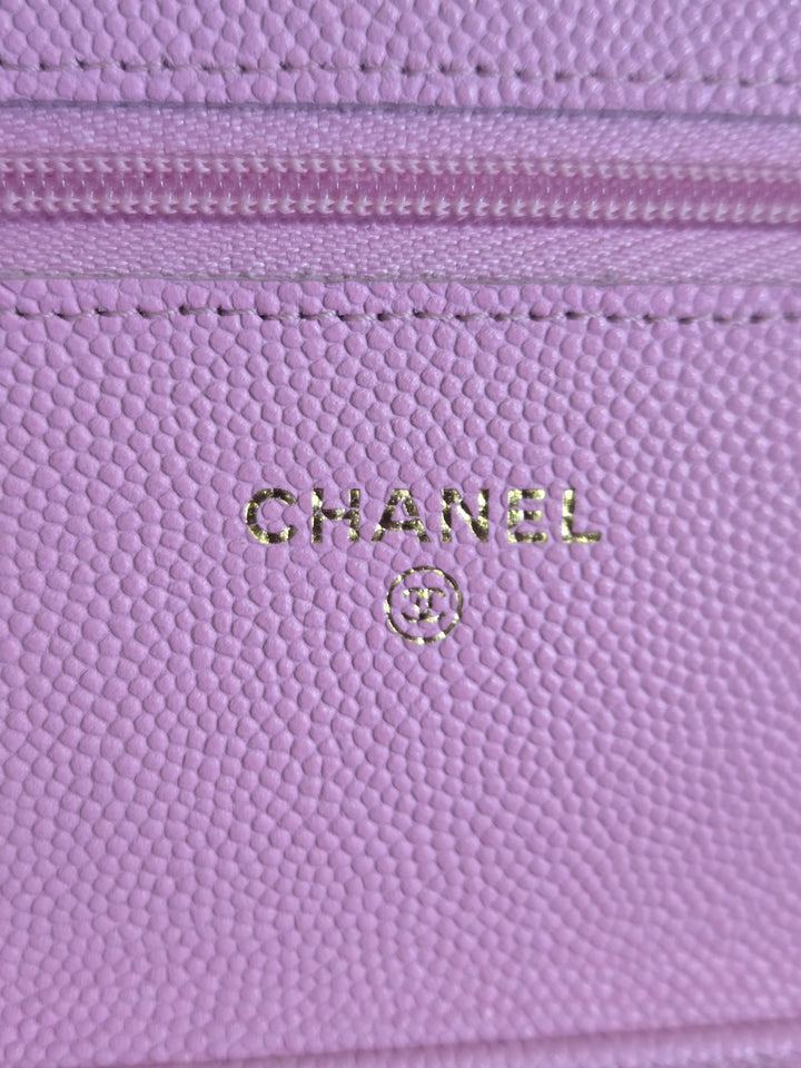 Chanel 23P Collection 2023 Mauve undertone Pink Caviar Champagne GHW Classic Wallet on chain (WOC)