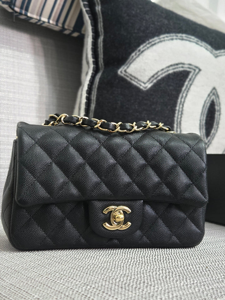 Chanel series 26 18B Collection Black Caviar Classic Mini Rectangular Flap Bag with champagne GHW