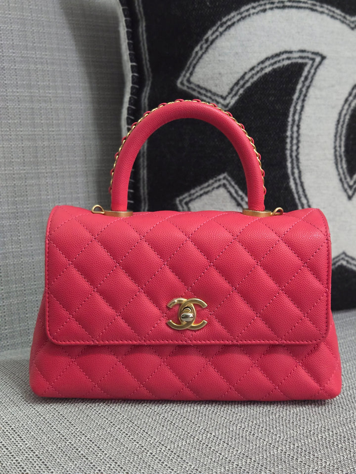 Chanel 23P 2023 Pre Spring/Summer Collection Pink Caviar Aged GHW Coco Handle with Detachable Strap and enchained handle size Small