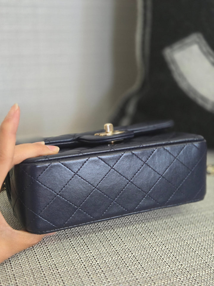 Chanel Navy Lambskin Mini Rectangular Flap Bag with Champagne GHW and Top Handle