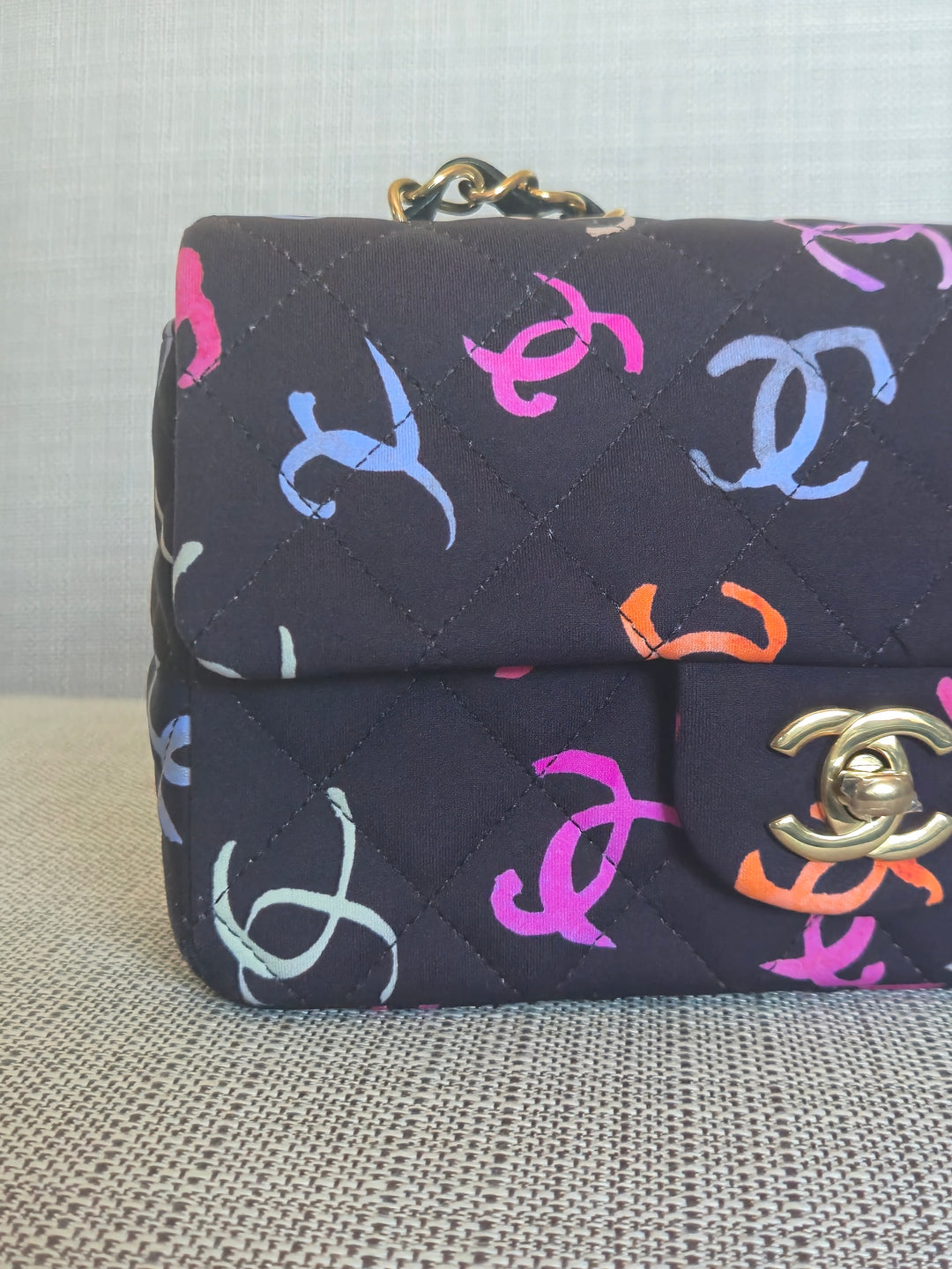 Chanel 24S collection Navy Multi color Jersey Mini Rectangular Flap Bag with Champagne GHW