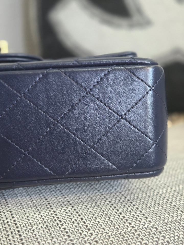 Chanel Navy Lambskin Mini Rectangular Flap Bag with Champagne GHW and Top Handle