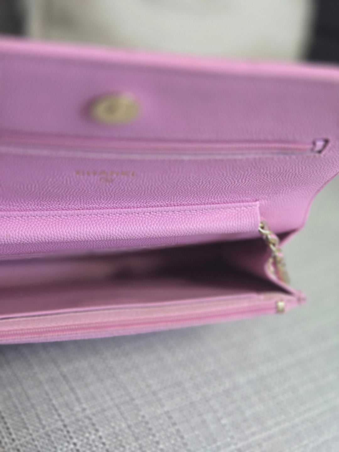 Chanel 23P Collection 2023 Mauve undertone Pink Caviar Champagne GHW Classic Wallet on chain (WOC)