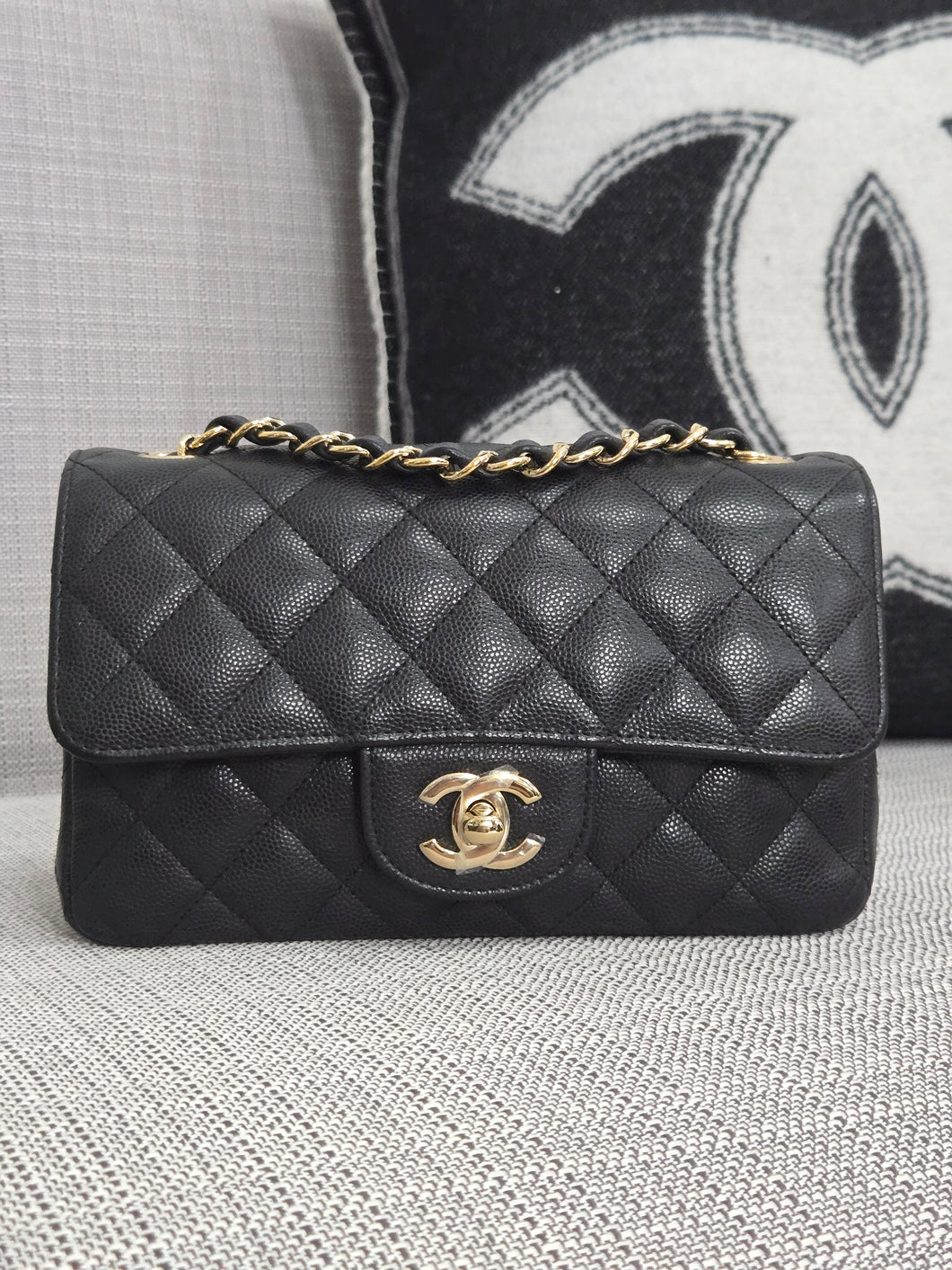 Chanel 17C series 23 Black caviar Champagne GHW Classic Mini Rectangular Flap Bag with Edge Stitching