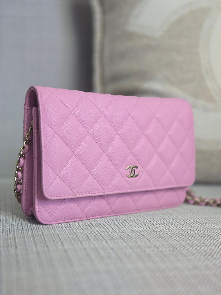 Chanel 23P Collection 2023 Mauve undertone Pink Caviar Champagne GHW Classic Wallet on chain (WOC)
