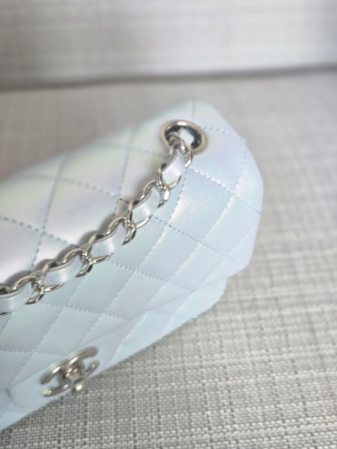 Chanel 21K collection 2021 Iridescent Light Blue Calf skin SHW Mini Rectangular Flap Bag