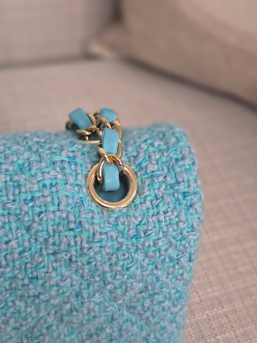 Chanel 22B 2022 Fall/Winter Collection Turquoise Blue Tweed Medium ML Timeless Classic Double Flap Bag with Champagne GHW