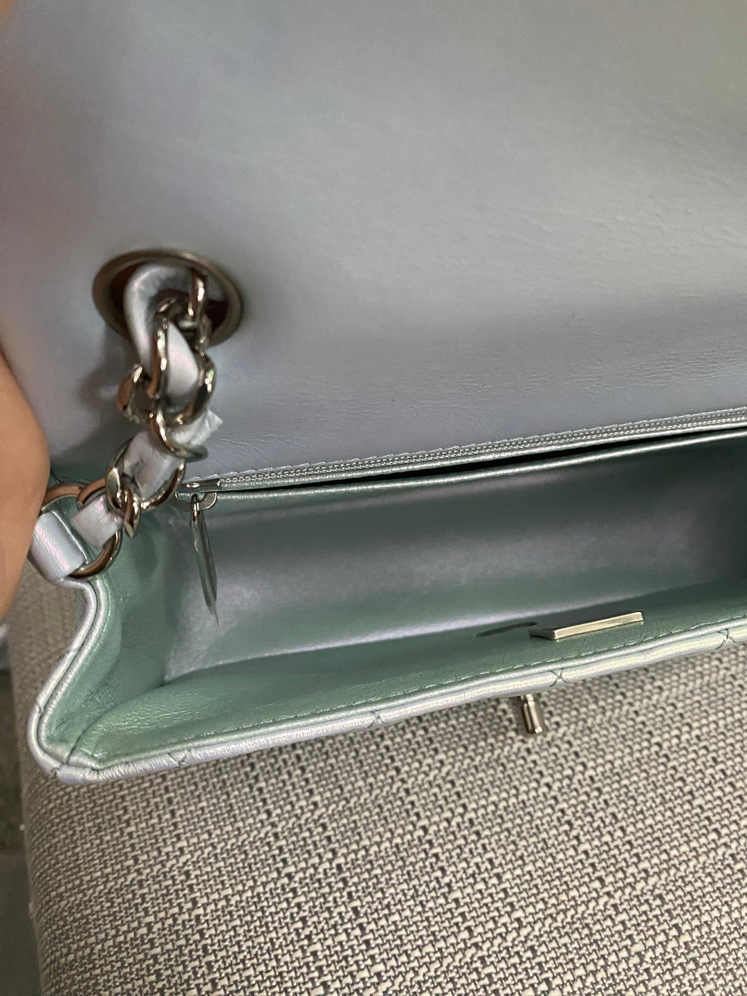 Chanel 21K collection 2021 Iridescent Light Blue Calf skin SHW Mini Rectangular Flap Bag