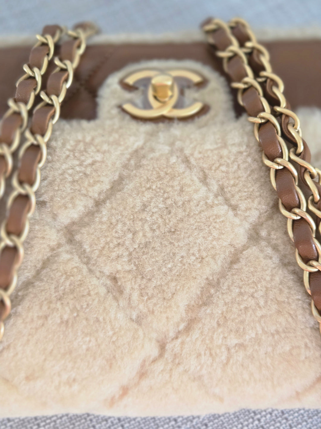 Chanel 24K 2024 Fall/Winter Collection Beige Brown Teddy Shearling MEDIUM flap Bag with Aged GHW