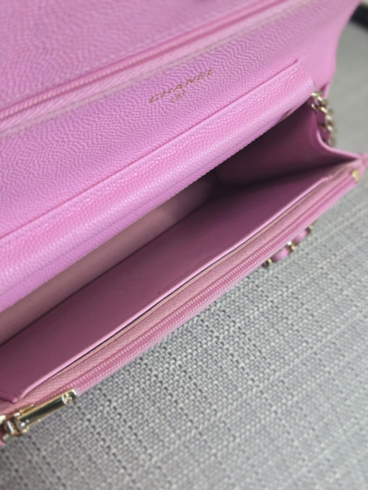 Chanel 23P Collection 2023 Mauve undertone Pink Caviar Champagne GHW Classic Wallet on chain (WOC)
